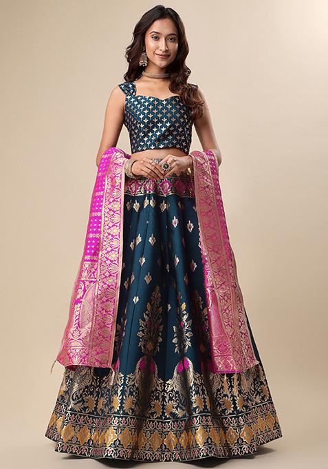 Dark Teal Woven Zari Jacquard Lehenga Set