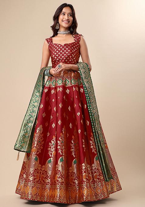 Red Zari Work Banarasi Jacquard Lehenga Set