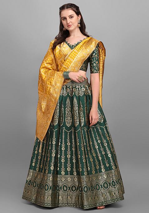 Deep Green Zari Woven Jacquard Lehenga Set