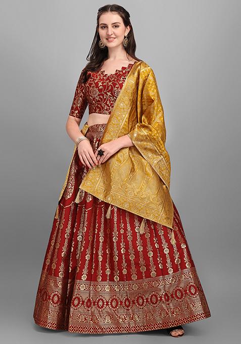 Maroon Zari Woven Jacquard Lehenga Set