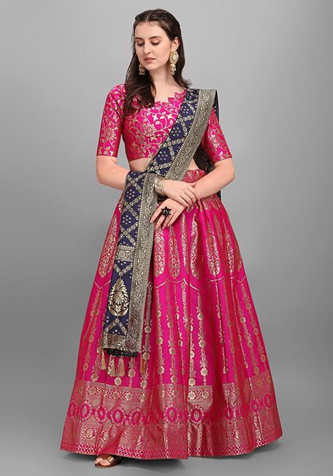 Rani Pink Woven Zari Work Banarasi Jacquard Lehenga Set