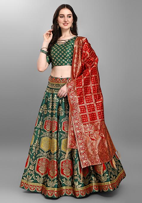 Deep Green Woven Zari Jacquard Lehenga Set