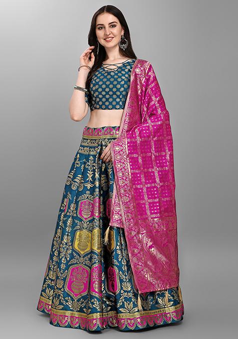 Turquoise Woven Zari Jacquard Lehenga Set