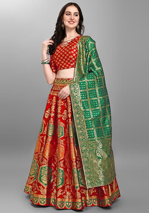 Red Zari Woven Work Jacquard Lehenga Set