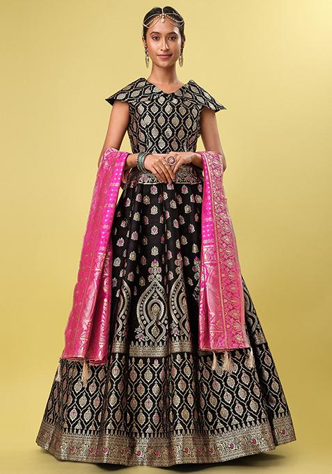 Black Zari Woven Jacquard Lehenga Set