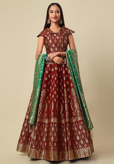 Maroon Woven Zari Embroidered Jacquard Lehenga Set