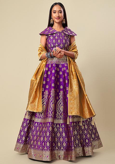 Purple Zari Work Jacquard Lehenga Set