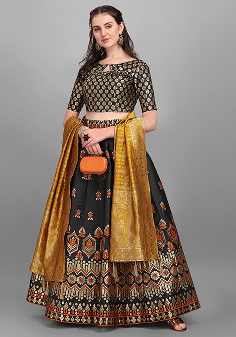 Black Woven Zari Work Jacquard Lehenga Set