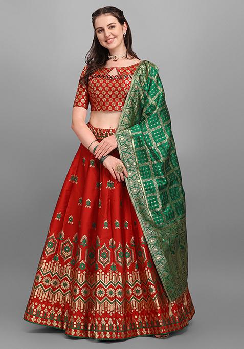 Red Woven Zari Work Banarasi Jacquard Lehenga Set