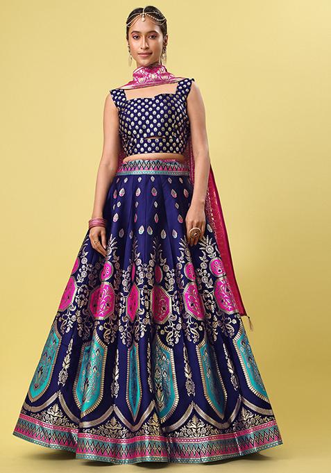 Navy Blue Woven Zari Embroidered Jacquard Lehenga Set