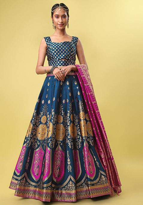 Teal Blue Zari Embroidered Jacquard Lehenga Set