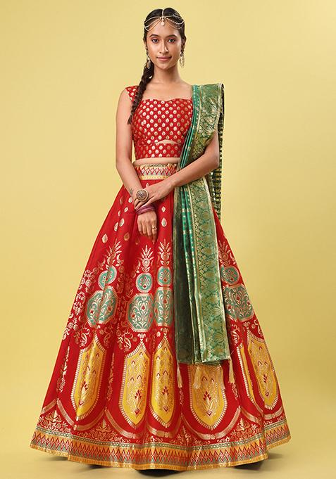 Red Woven Zari Banarasi Jacquard Lehenga Set