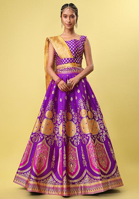 Purple Zari Woven Banarasi Jacquard Lehenga Set