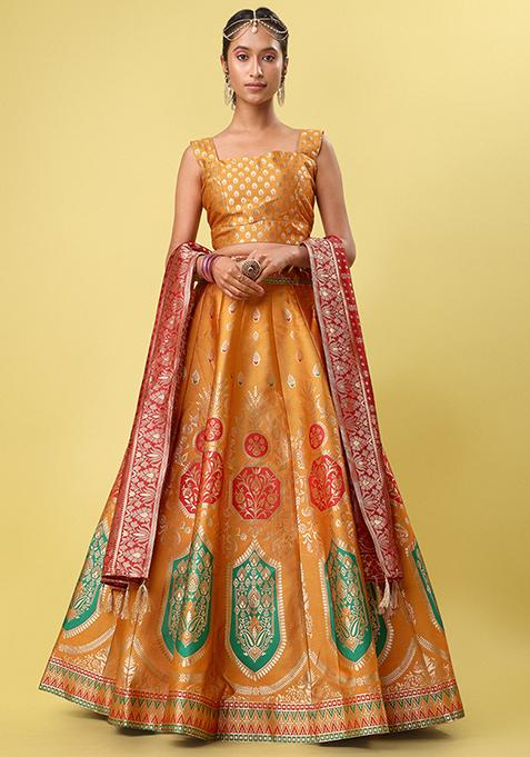 Light Orange Woven Zari Jacquard Lehenga Set