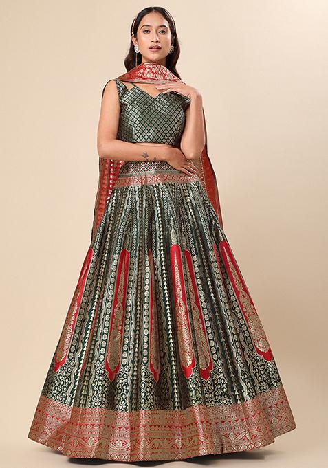 Green Woven Zari Jacquard Lehenga Set