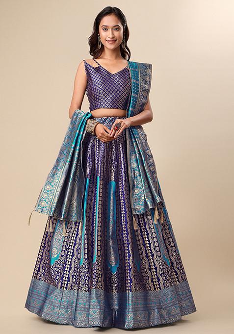 Dark Blue Woven Zari Embroidered Jacquard Lehenga Set