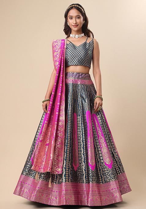 Teal  Zari Embroidered Jacquard Lehenga Set