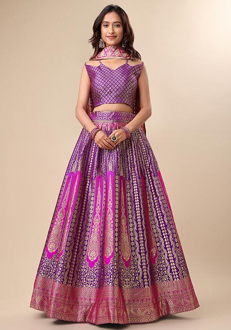 Purple Woven Zari Embroidered Banarasi Jacquard Lehenga Set