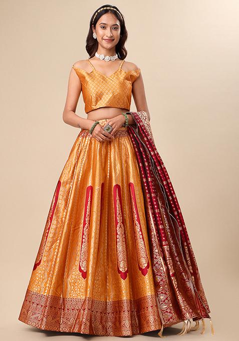 Orange Woven Zari Work Jacquard Lehenga Set