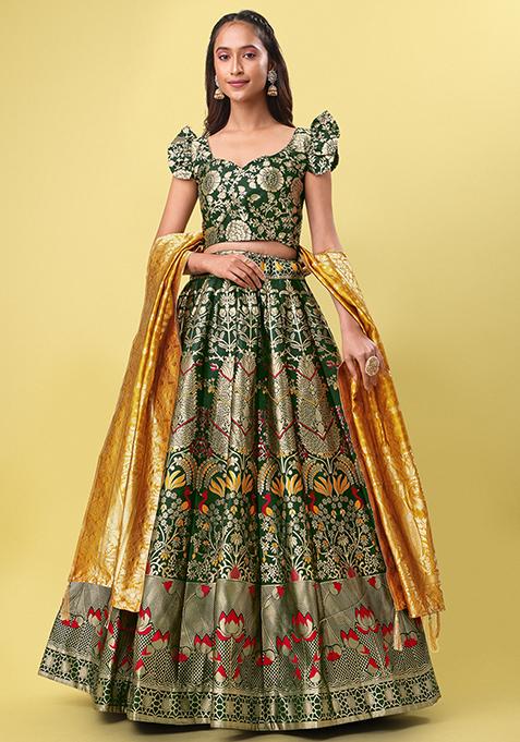 Deep Green Woven Zari Banarasi Jacquard Lehenga Set