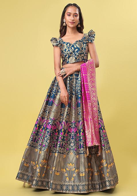 Teal Blue Woven Zari Jacquard Lehenga Set