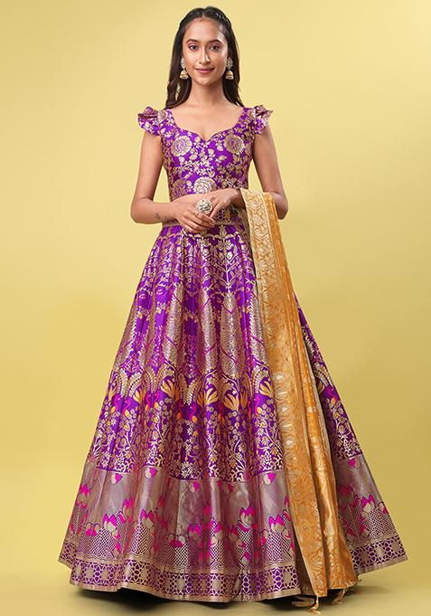 Purple Zari Woven Work Banarasi Jacquard Lehenga Set