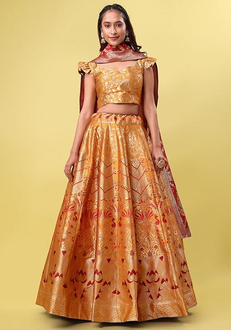 Orange Woven Zari Work Lehenga Set