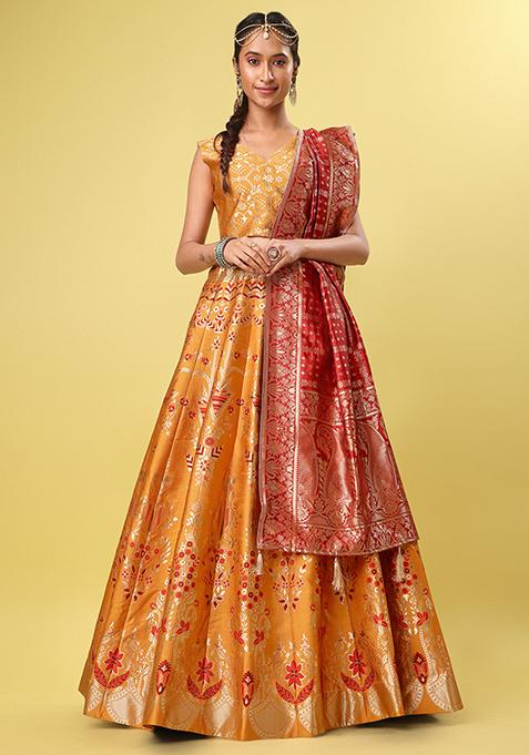 Orange Zari Woven Embroidered Jacquard Lehenga Set