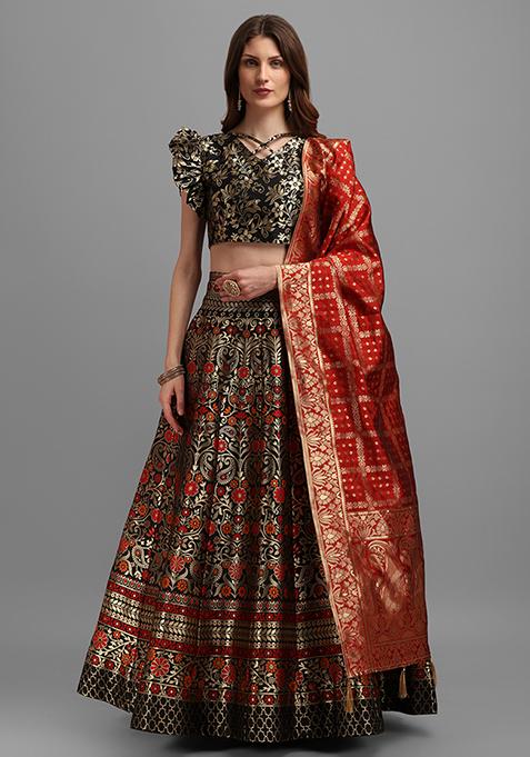 Black Woven Zari Work Banarasi Jacquard Lehenga Set