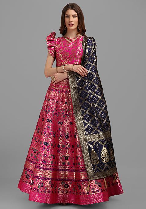 Rani Pink Woven Zari Jacquard Banarasi Lehenga Set