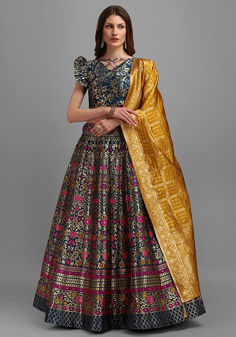 Teal Woven Zari Jacquard Lehenga Set