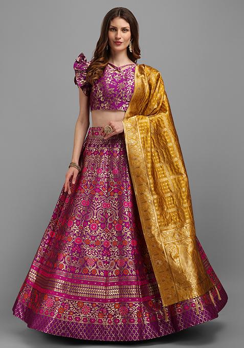 Dark Purple Woven Zari Jacquard Lehenga Set