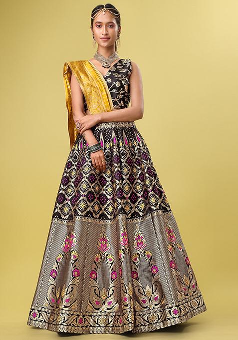 Black Zari Woven Banarasi Jacquard Lehenga Set