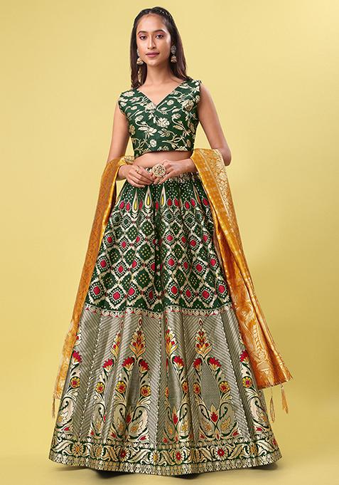 Deep Green Woven Zari Lehenga Set