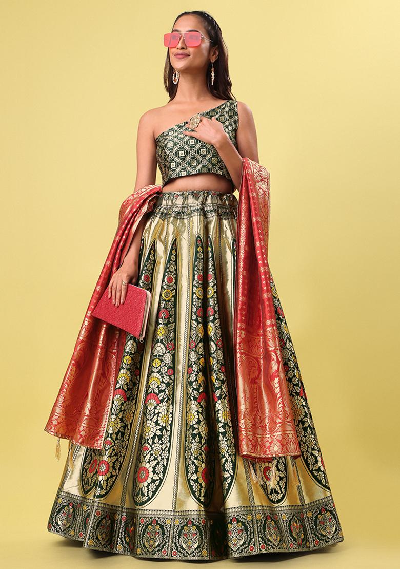 Dark Green Woven Zari Work Banarasi Jacquard Lehenga Set