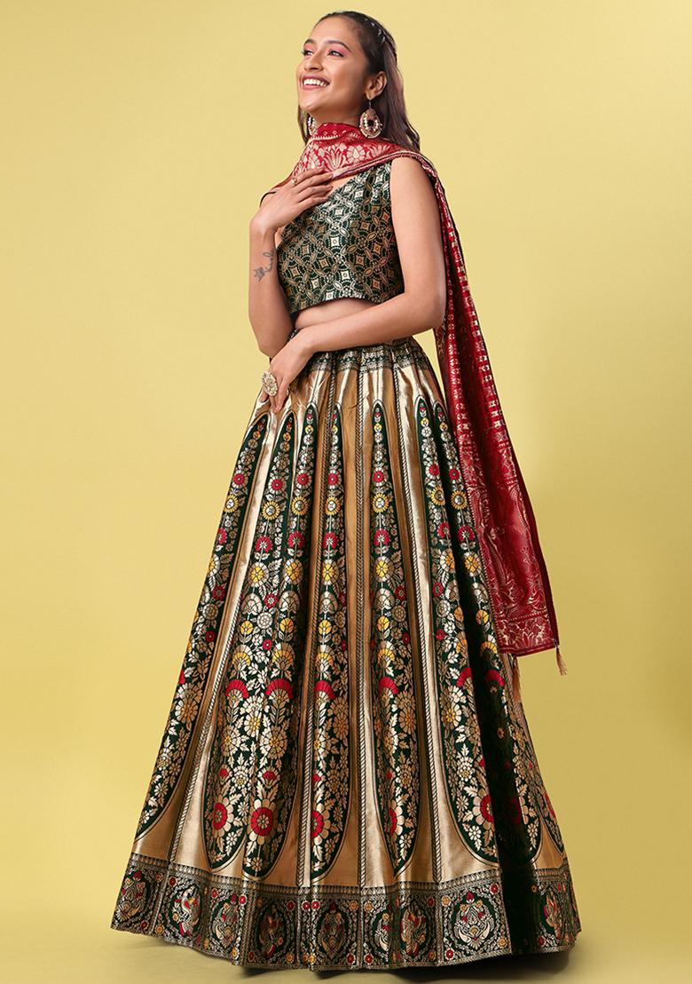 Dark Green Woven Zari Work Banarasi Jacquard Lehenga Set