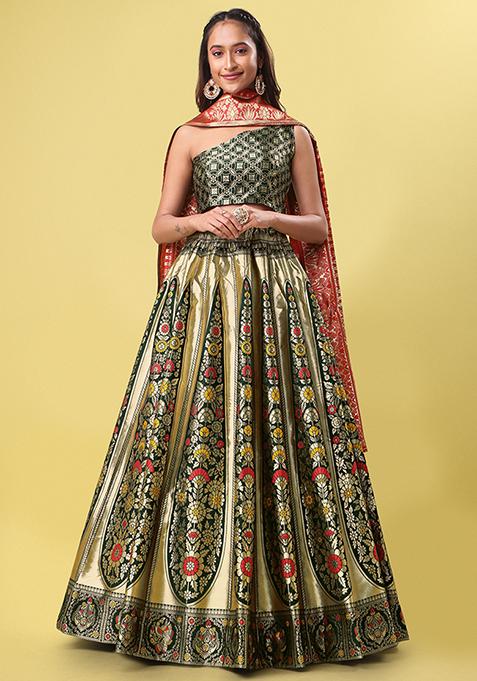 Dark Green Woven Zari Work Banarasi Jacquard Lehenga Set