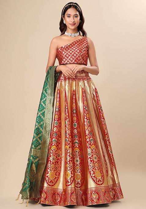 Red Woven Zari Jacquard Lehenga Set