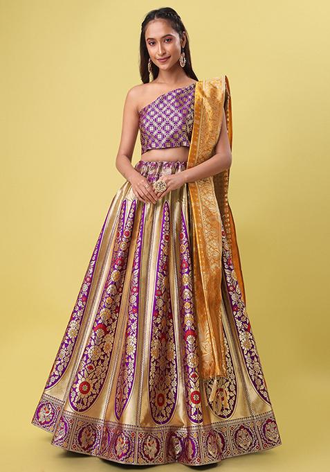 Purple And Yellow Woven Zari Jacquard Lehenga Set