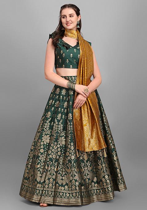 Green Woven Zari Jacquard Banarasi  Jacquard Lehenga Set