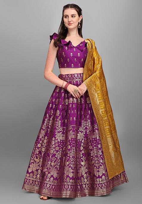 Purple Floral Woven Zari Jacquard Lehenga Set