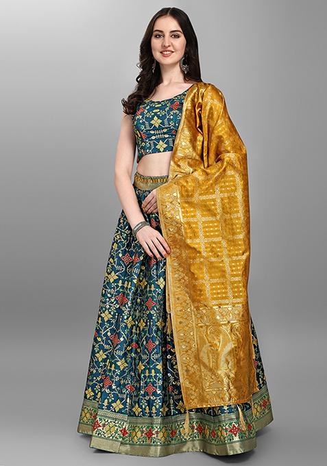 Teal Blue Zari Work Jacquard Lehenga Set