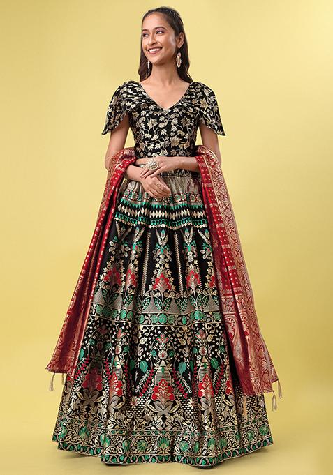 Black Woven Zari Jacquard Lehenga Set