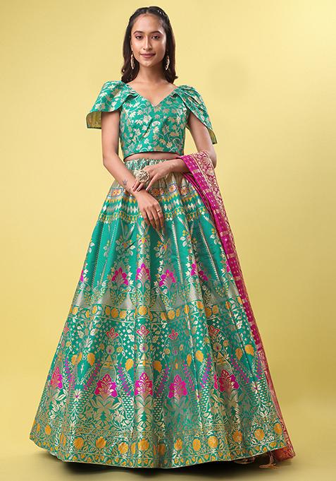 Sea Green Woven Zari Jacquard Lehenga Set