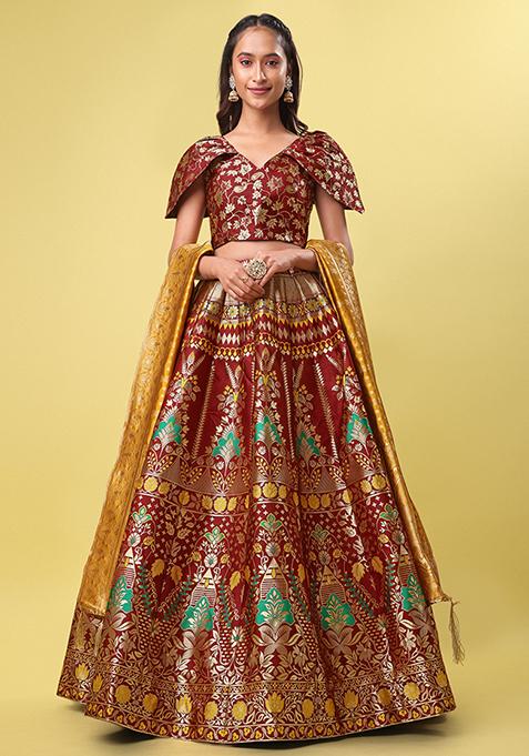 Maroon Zari Woven Work Lehenga Set