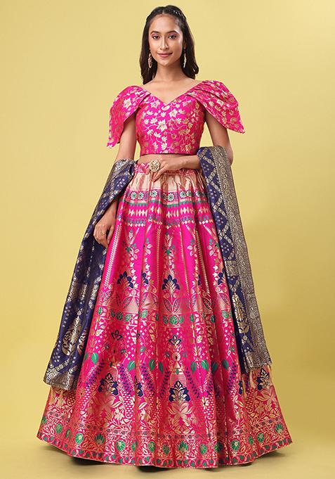 Rani Pink Woven Zari Embroidered Jacquard Lehenga Set