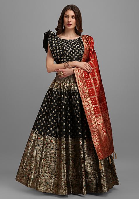 Black  Zari Embroidered Jacquard Lehenga Set