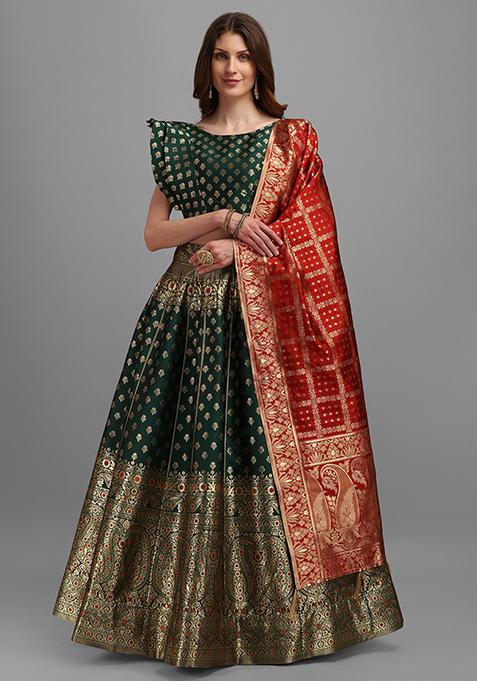 Green Woven Zari Work Banarasi Jacquard Lehenga Set