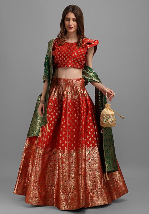 Red Woven Zari Embroidered Jacquard Lehenga Set