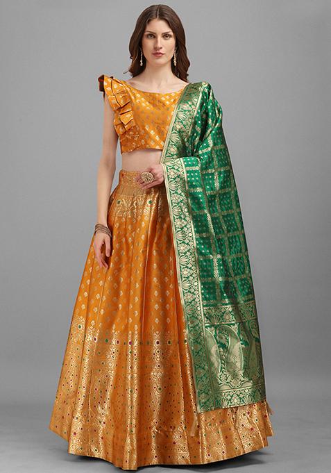 Orange Zari Woven Jacquard Lehenga Set